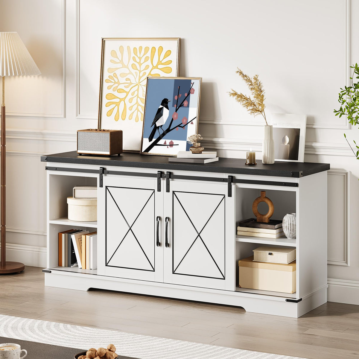 Farmhouse TV Stand with Sliding Barn Doors and Adjustable Shelves D842