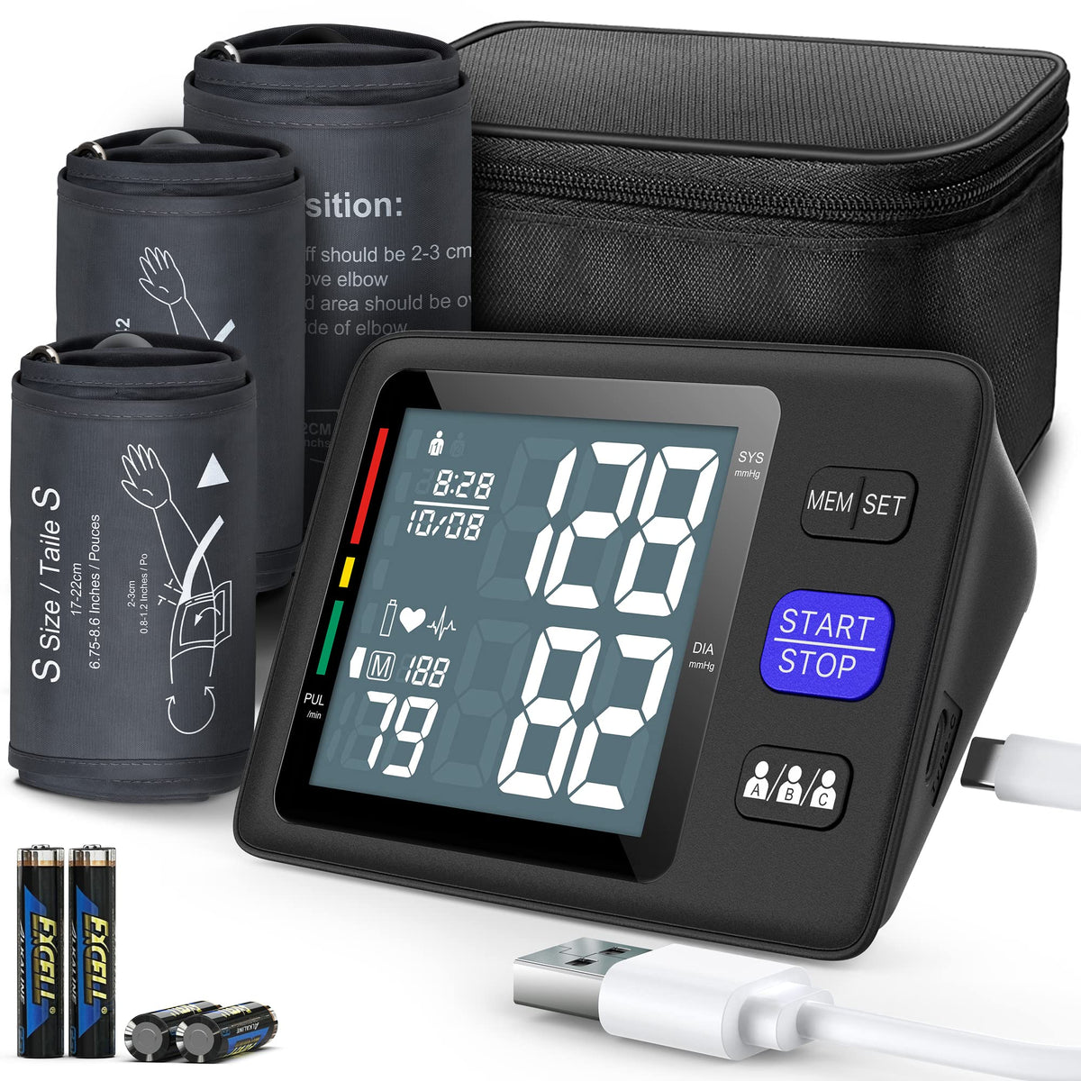 Blood Pressure Machine Upper Arm, 3 Size Cuffs, Automatic Digital BP Monitor, Large Backlit LCD S483
