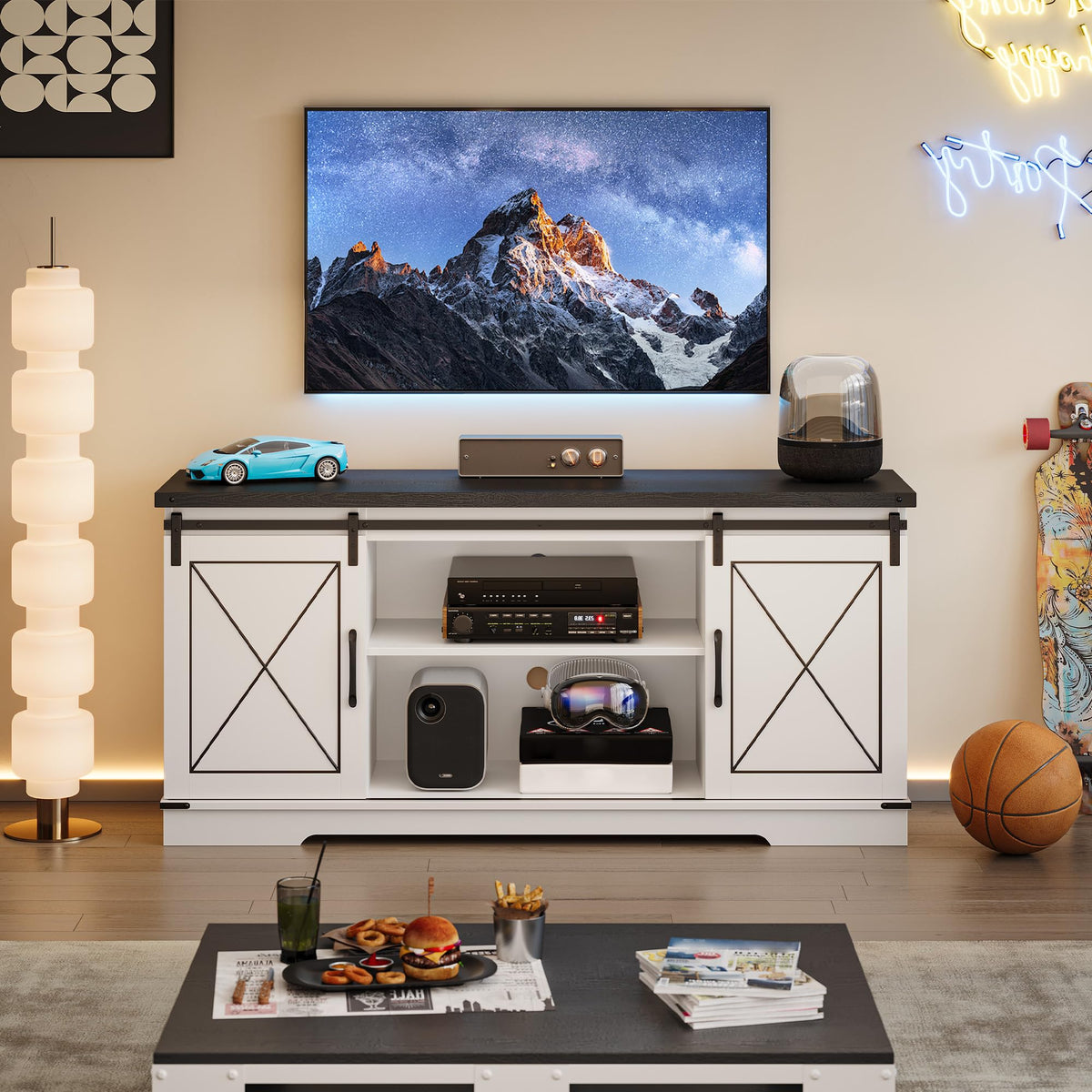 Farmhouse TV Stand with Sliding Barn Doors and Adjustable Shelves D842