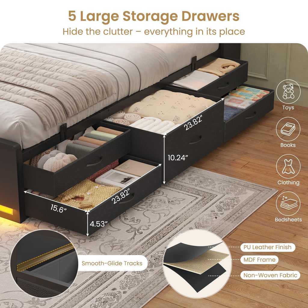 Twin Size Storage Bed Frame with 5 Drawers Q6650
