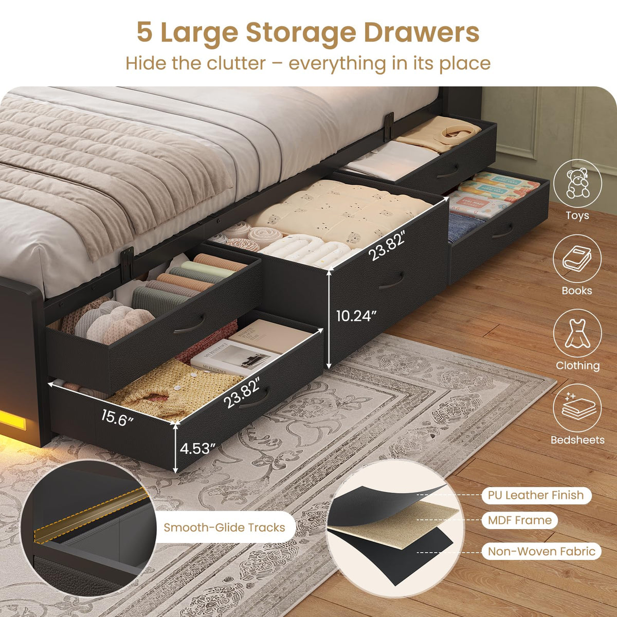 Twin Size Storage Bed Frame with 5 Drawers Q6650