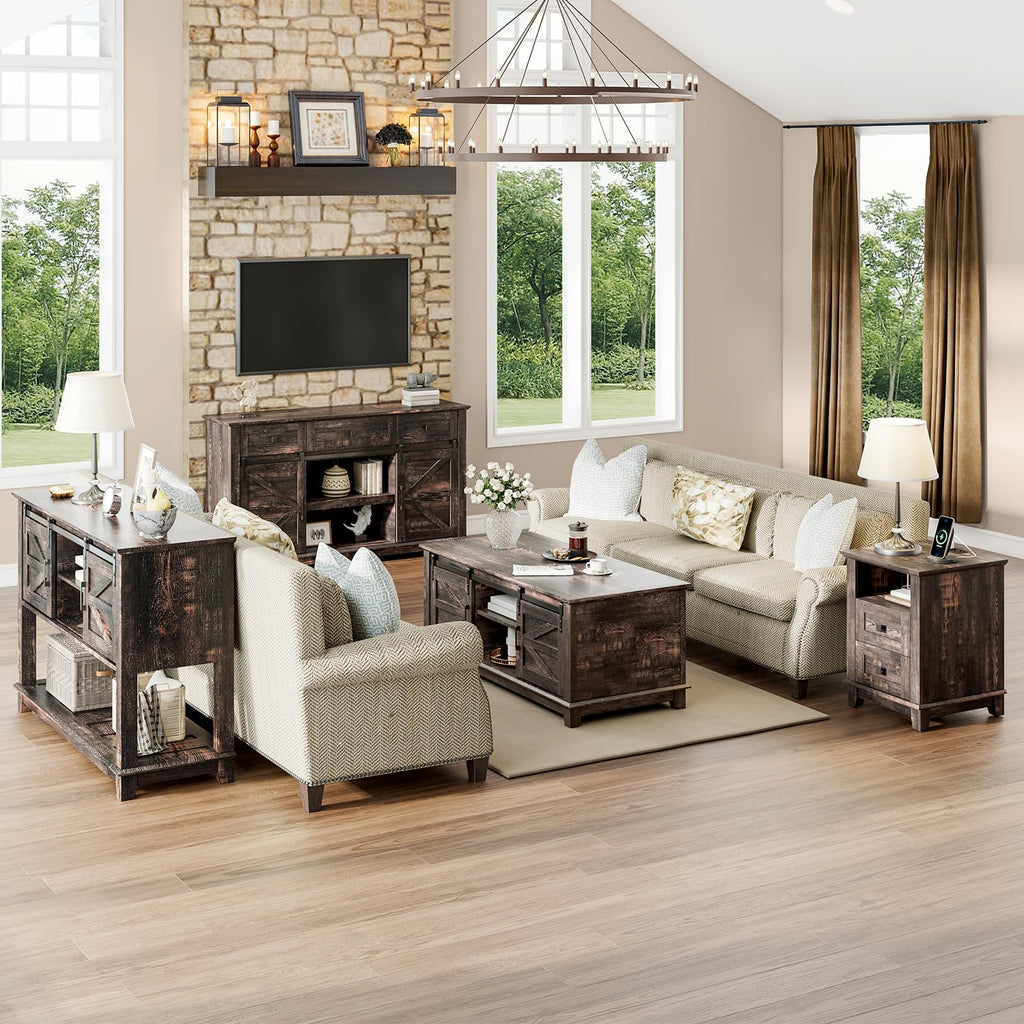 4 Piece Farmhouse Living Room Table Set with TV Stand Coffee Table and End Tables P748