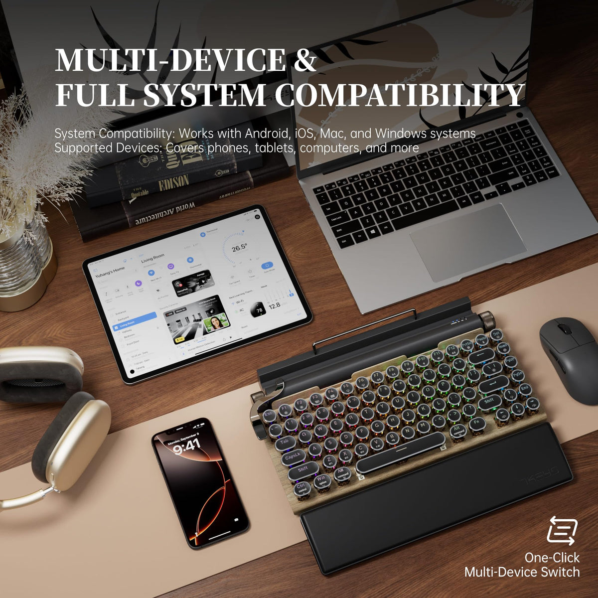 Wireless Retro Mechanical Keyboard with Wrist Rest O287
