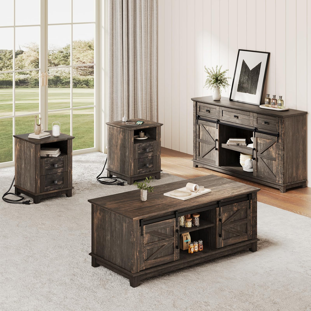 4 Piece Farmhouse Living Room Table Set with TV Stand Coffee Table and End Tables P748