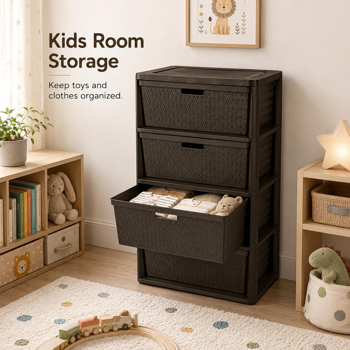 Brown 4 Drawer Plastic Storage Tower W59317