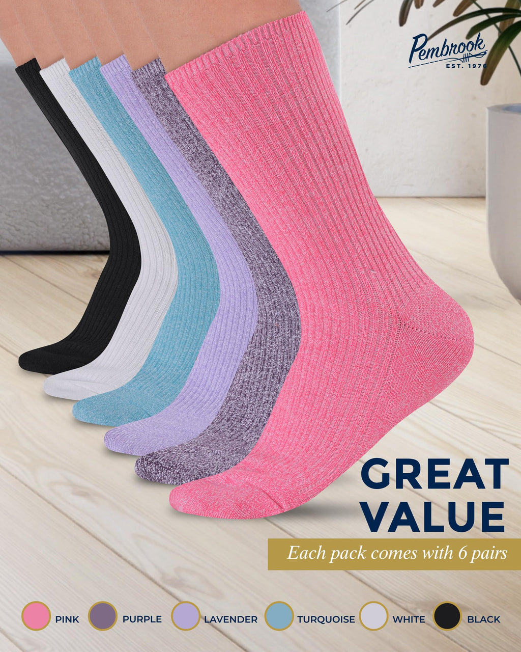 Ribbed Knit Bamboo Viscose Diabetic Socks for Women 6 Pairs G7737