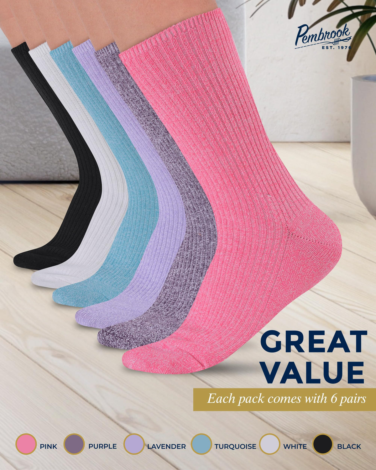 Ribbed Knit Bamboo Viscose Diabetic Socks for Women 6 Pairs G7737