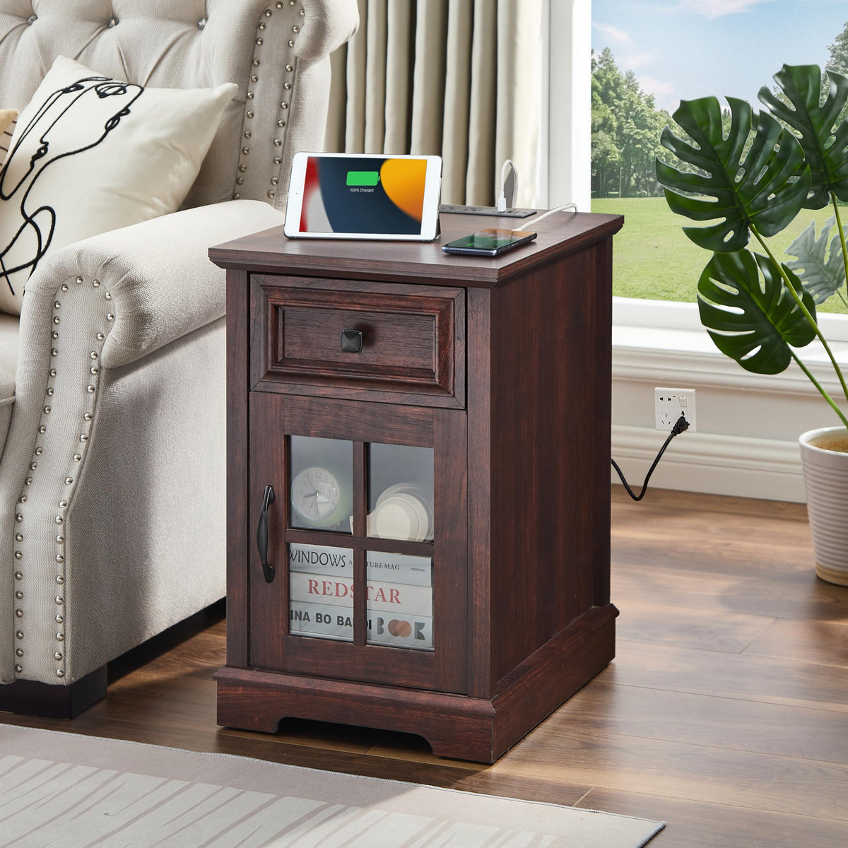 Cherry Side Table with Charging Station X1544